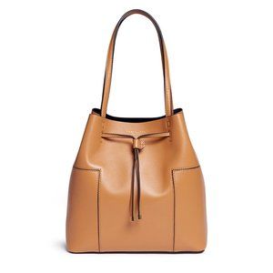 Tory Burch Block-T Leather Bucket Tote in Camel
